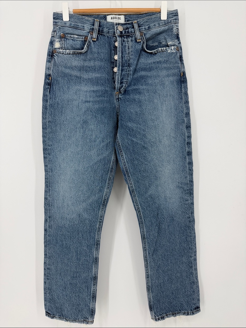 AGOLDE Riley Crop Jeans 26 High Rise Straight Leg Distressed Raw Hem Blue‎